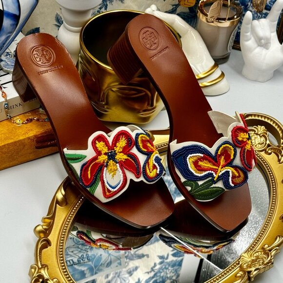 🆕 TORY BURCH 🧿 NWOT Bianca Floral Bead Embellished Slide Sandal - Ivory Multi - Picture 14 of 16